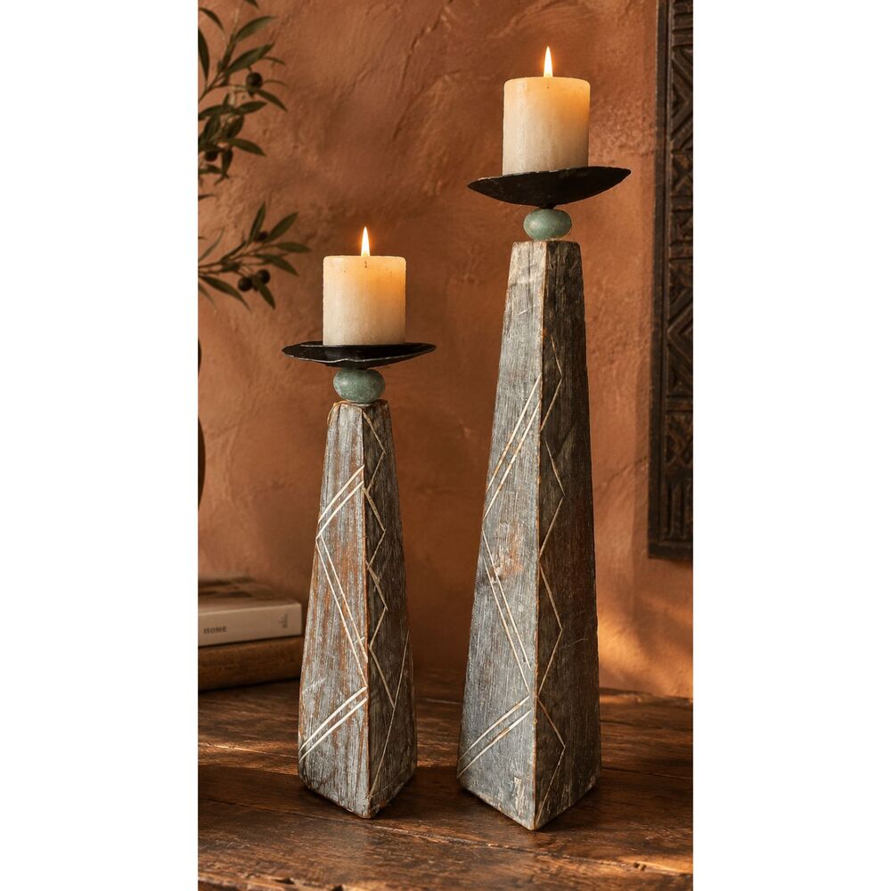Handcrafted Ghana Wood Candle Holders Pair African Sculptural Geometric 17”